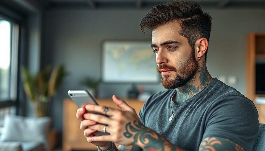 Tattooed man using smartphone in modern room, ADHD misinformation on TikTok.