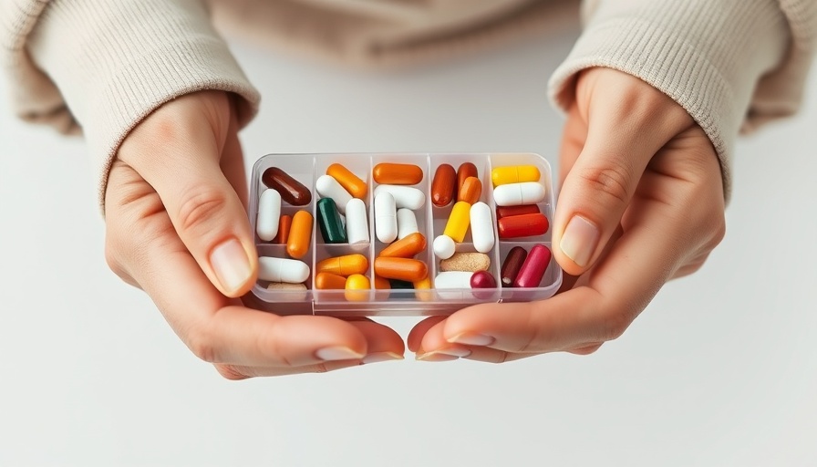Close-up of hands with pill organizer and vitamins; can excess hurt health?