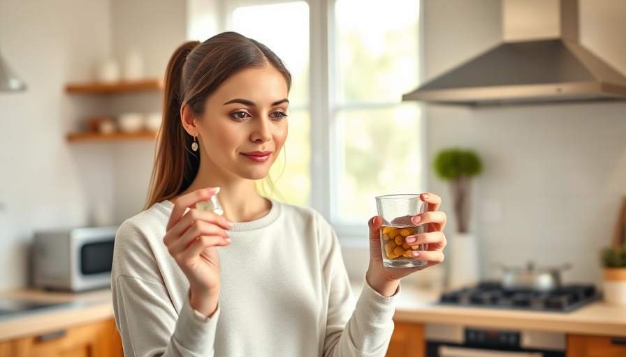 Acetaminophen side effects: woman taking medication in kitchen.