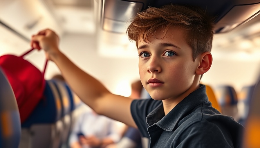 Young traveler securing luggage, airplane cabin, travel safety tips.
