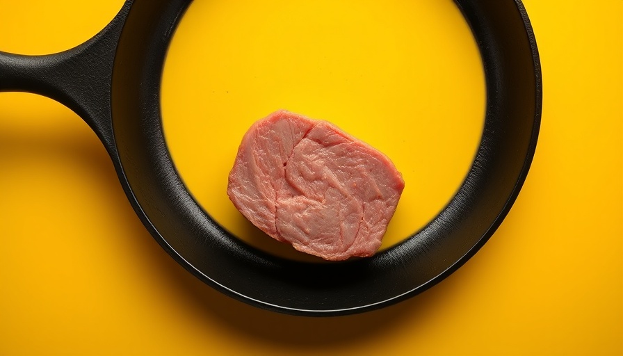Single processed meat piece in iron skillet, vibrant background.