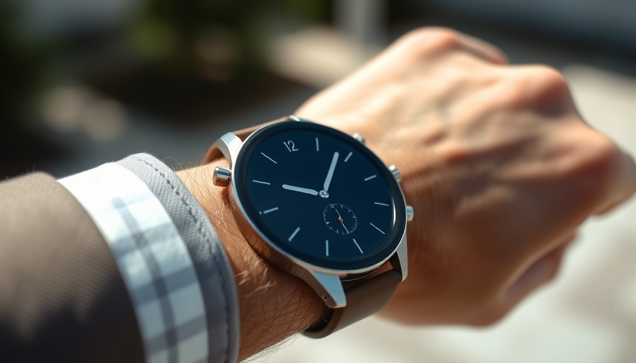 Smartwatch displaying time on wrist for health tracking outdoors.