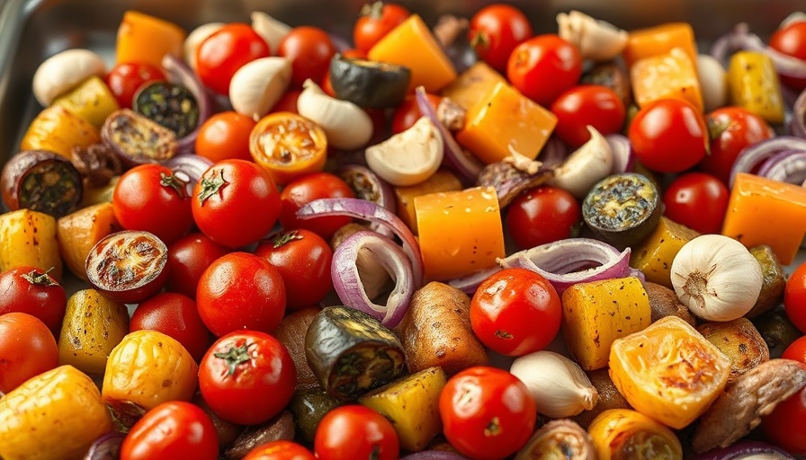 Colorful roasted vegetables with garlic, perfect for lazy healthy dinner recipes.