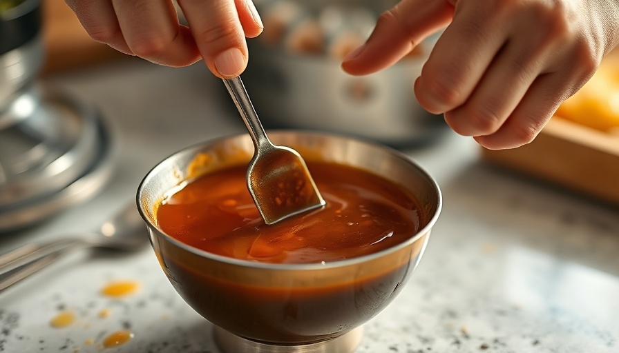 Hands stirring umami sauce in kitchen for healthy eating