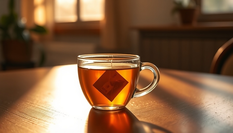 Glass tea cup with tea bag steeping in sunlight, microplastics in tea bags.