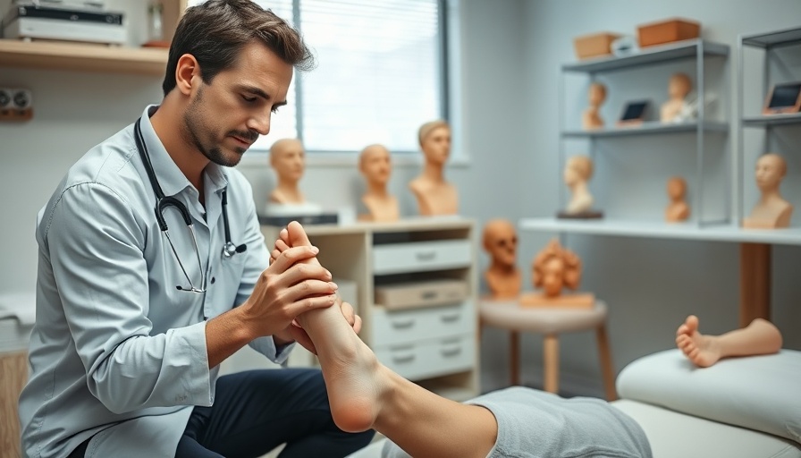 Therapist adjusting patient's foot, clinical setting, treatment.