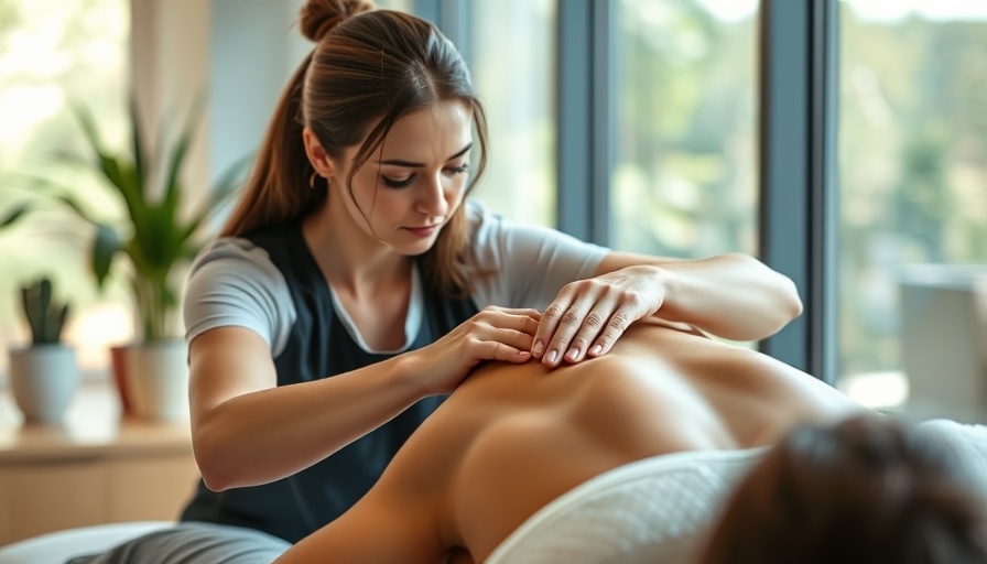 Massage therapy for neck back side pain in a bright room.