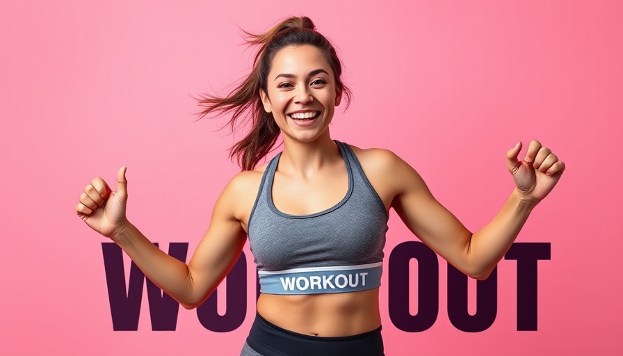 Middle-aged woman promoting menopause weight loss workout on pink backdrop.