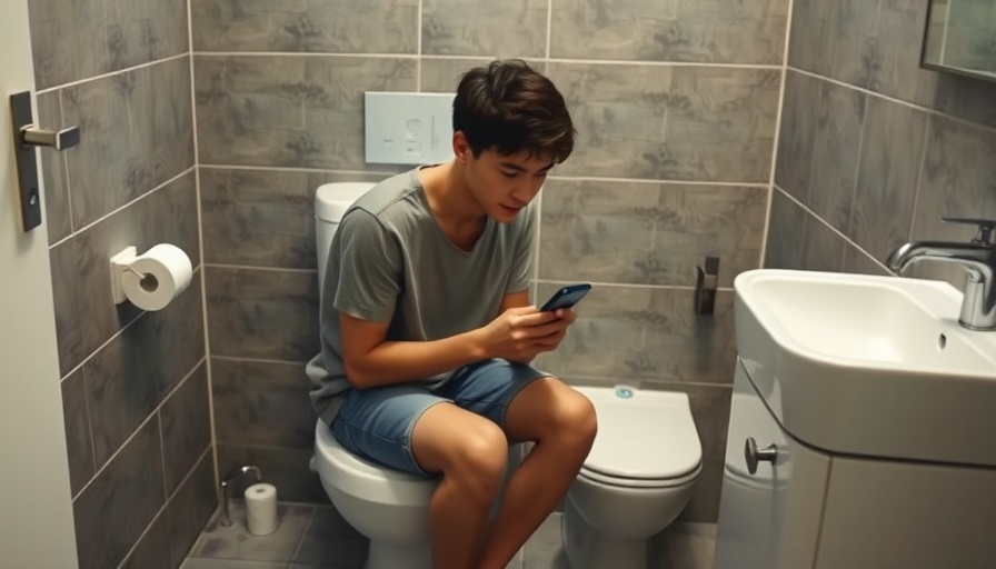 Modern bathroom, person on toilet with phone, poop schedule and health.
