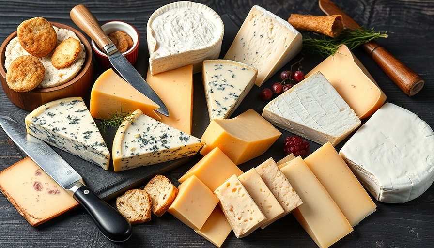 Assorted high-protein cheeses with knives and breadsticks.