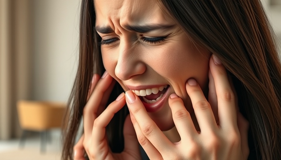 Concerned woman noticing teeth grinding increase, bright indoor setting.