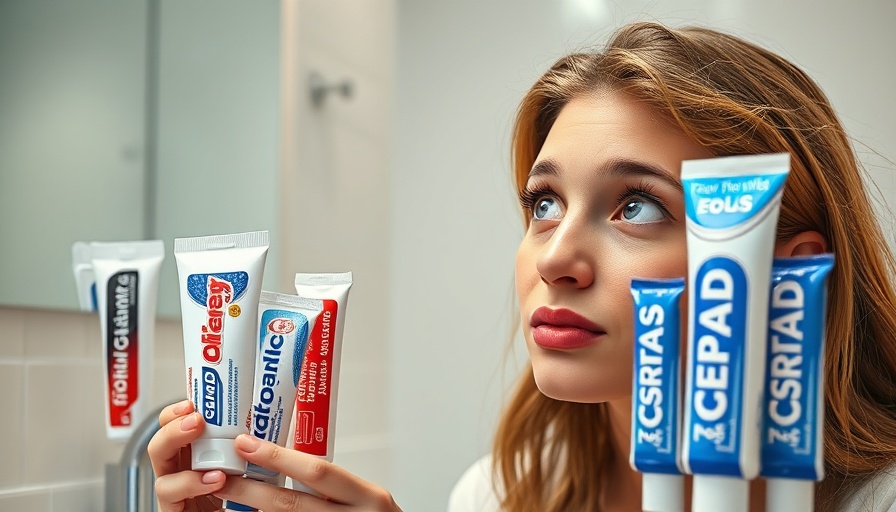 Curious woman pondering dental care with toothpaste tubes.