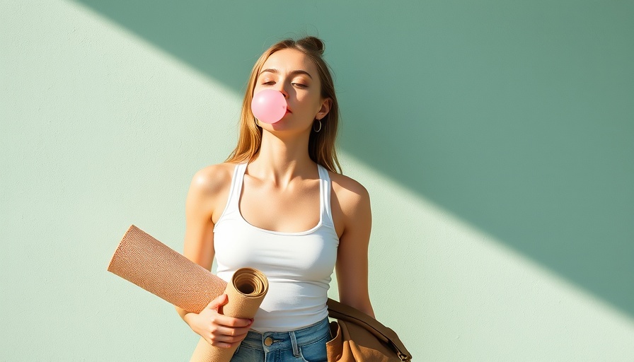 Young woman blowing bubblegum outdoors with yoga gear.