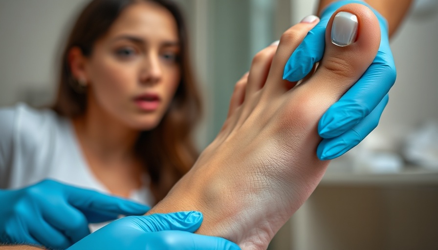 Foot health detailed examination of corn, blue gloves in action.