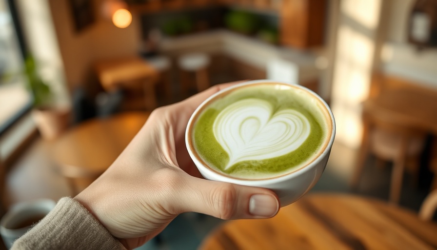 Person enjoying matcha latte with heart art, a symbol of healthy eating energy.
