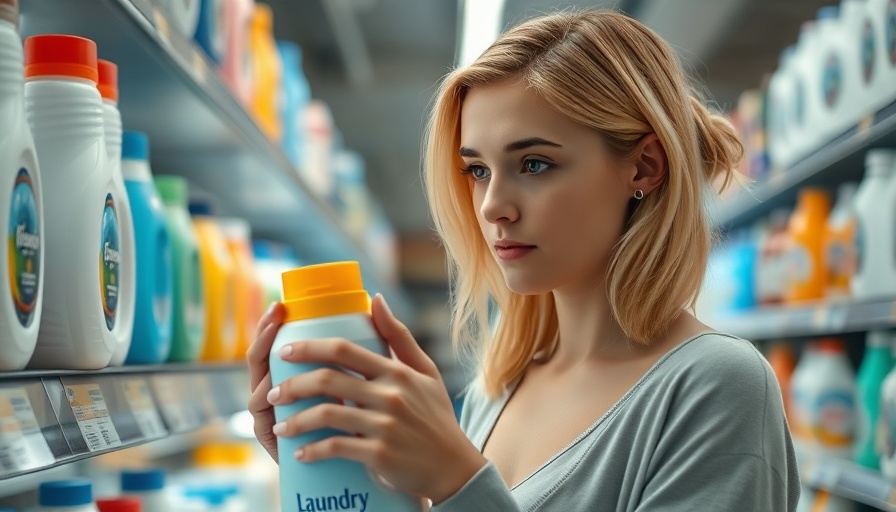 Woman checking laundry detergent in store aisle amid recall concerns.