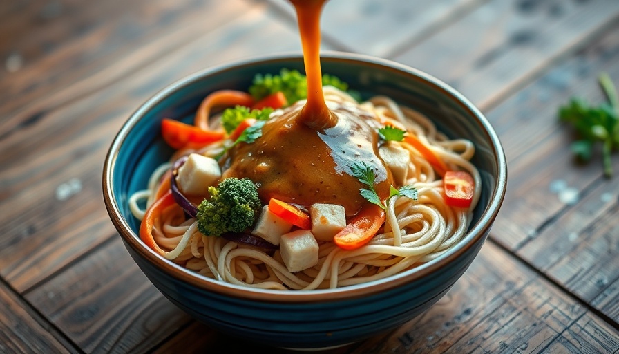 Close-up of tofu noodles with vegetables and sauce in a blue bowl.