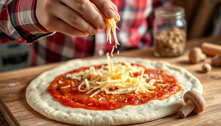Person preparing pizza with cheese and tomato sauce in kitchen.