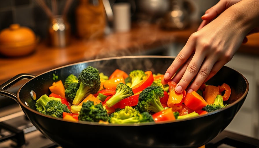Hands cooking high-fiber vegetables in a wok.