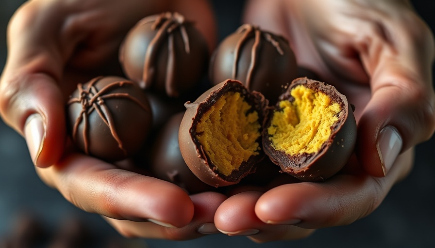Healthy chocolate truffles with yellow filling held in hands, close-up.