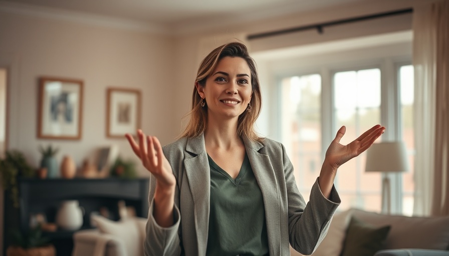 Confident woman gesturing energetically in a cozy room, cinematic lighting.