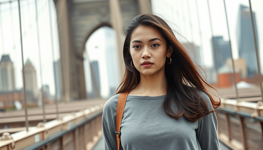 Confident woman walking on iconic bridge, enhancing brain health.