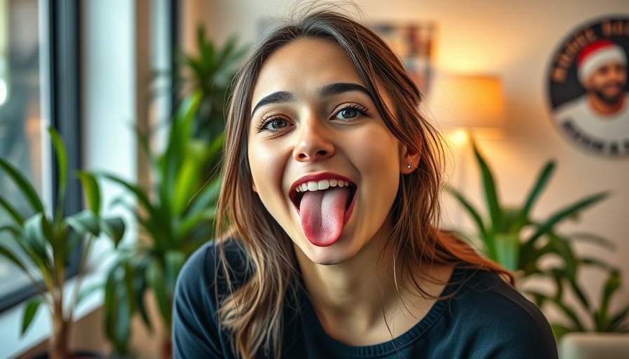Young woman showing papillae in a bright room, oral hygiene.