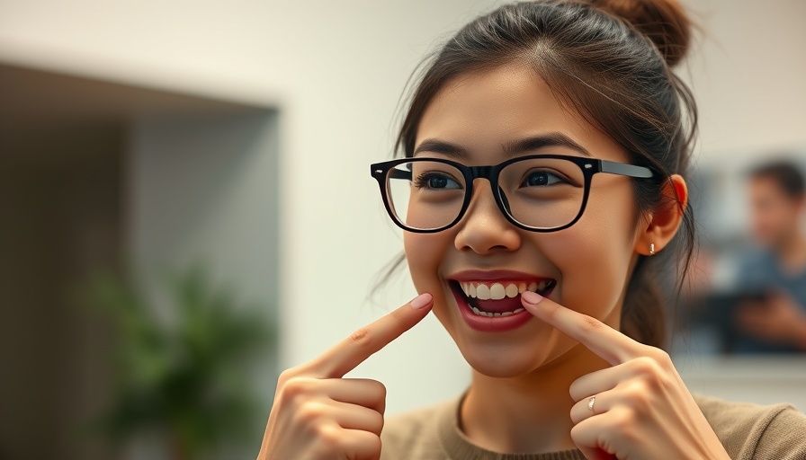 Woman pointing to her teeth, discussing dental issues.