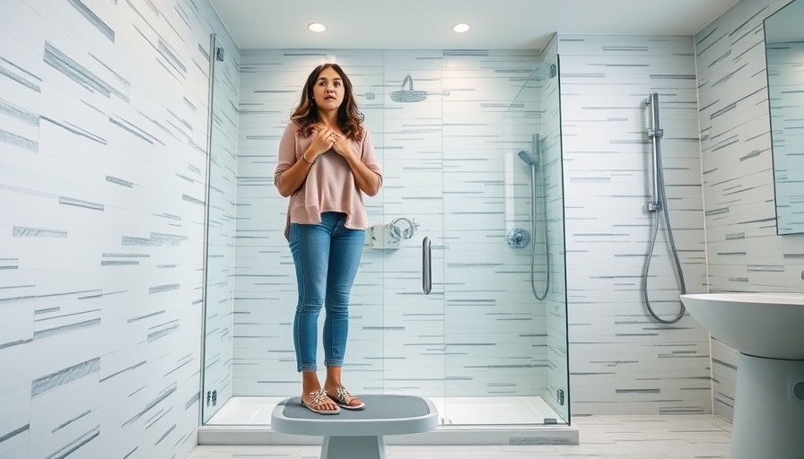 Woman on scale in luxurious bathroom reflecting on low carb diet success.