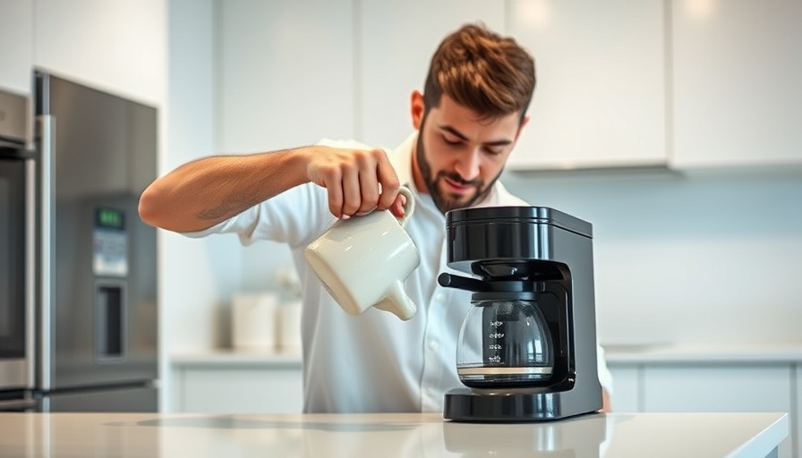 Person pouring coffee from a drip coffee maker into a mug in a bright kitchen.