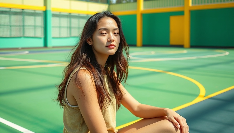 Woman sitting on colorful court, relaxing in sunlight.