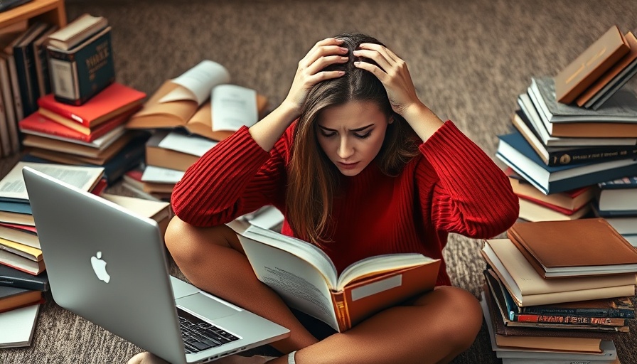 ADHD paralysis image of woman stressed amidst study materials.