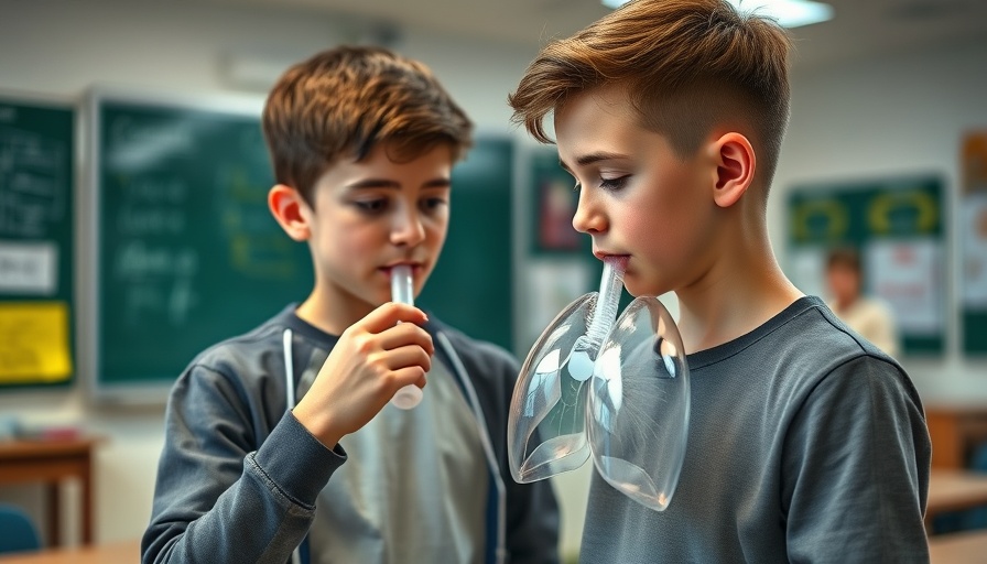 Young person inflating lung model in classroom, educational focus.