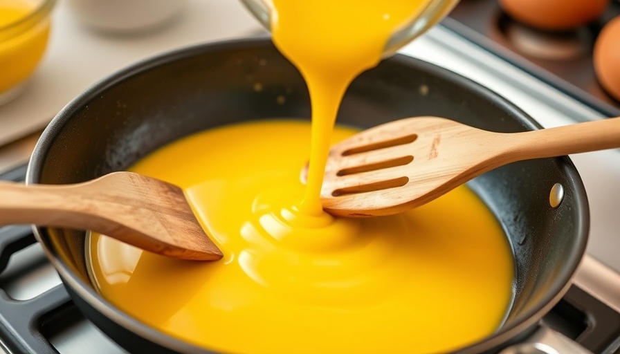 Liquid eggs being poured into a frying pan, highlighting recall.