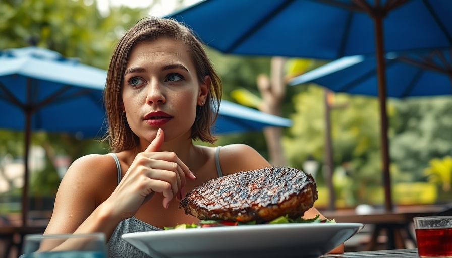 Vegan to Omnivore Diet Transition: Woman enjoying steak outdoors.