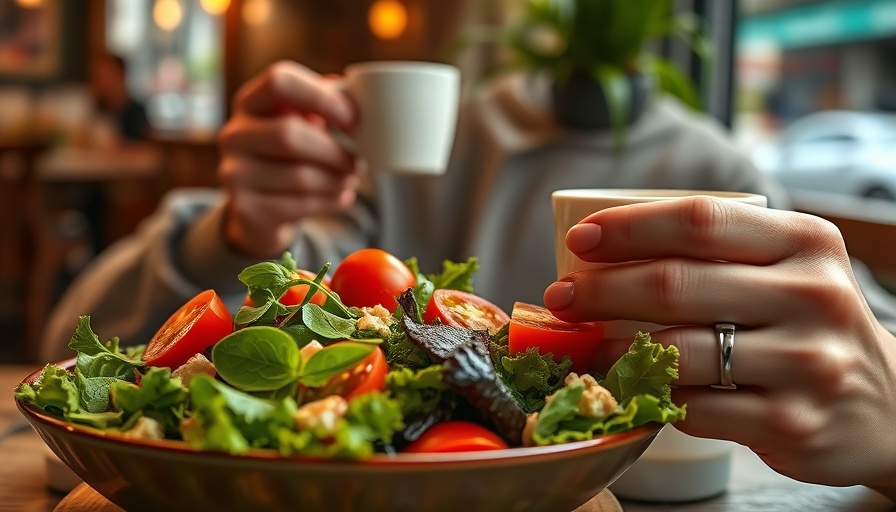 Person enjoying salad and coffee, cozy cafe scene.