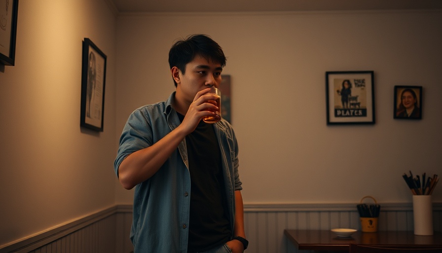 Casual setting with individual drinking a beverage indoors.