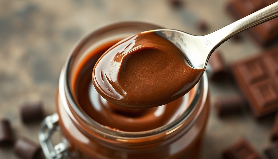 Creamy plant-based chocolate spread on spoon with jar.