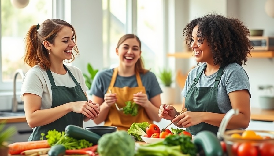 Joyful women prepare plants for gut health in a bright kitchen.