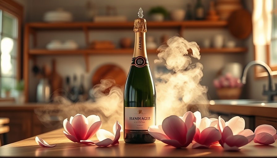 Magnolia champagne bottle with petals enhancing gut health in a sunlit kitchen.