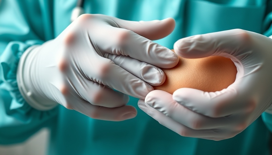 Close-up of hands performing skin rash diagnosis in clinical setting.