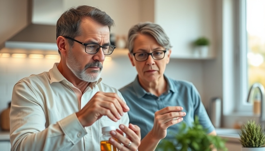 Concerned couple checking supplement bottles in kitchen.