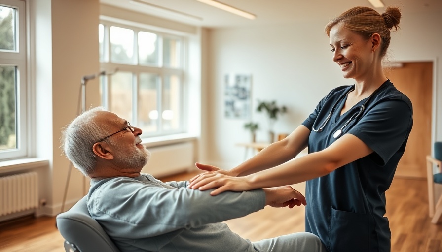 Nurse assisting patient in rehabilitation exercise in therapy room.