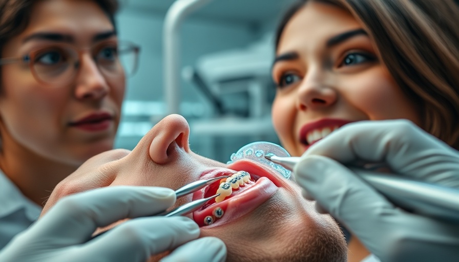 Dental care with braces during professional cleaning and an observer.