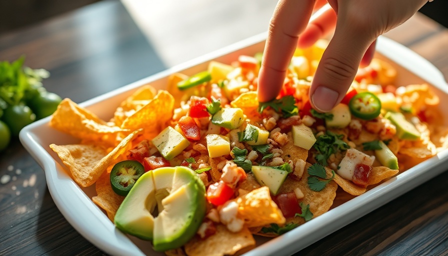Close-up of healthier loaded nachos with toppings and hand garnishing.