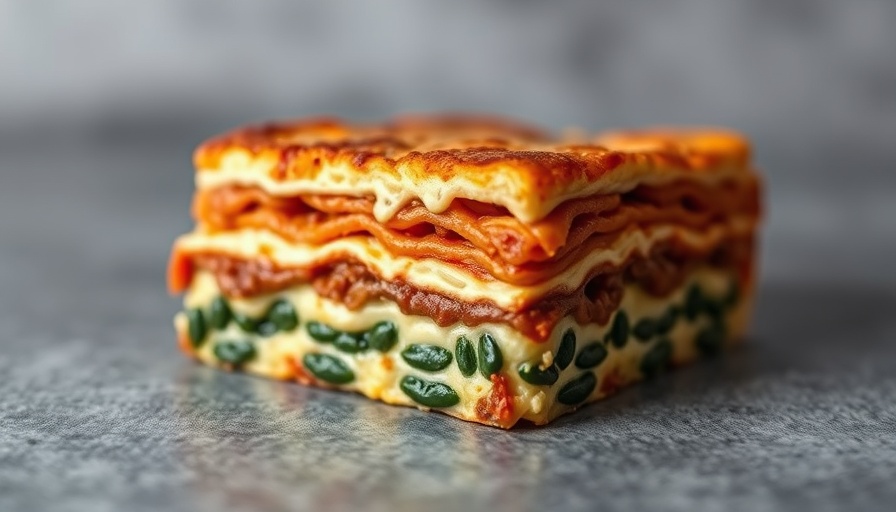 High protein vegan lasagna slice with creamy layers.