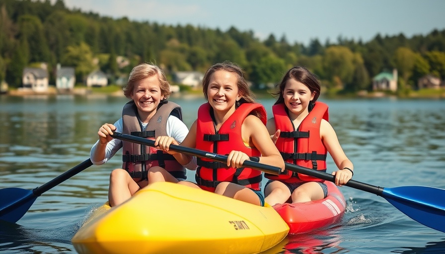 Family paddleboarding with kids on a sunny lake, enjoying their adventure.