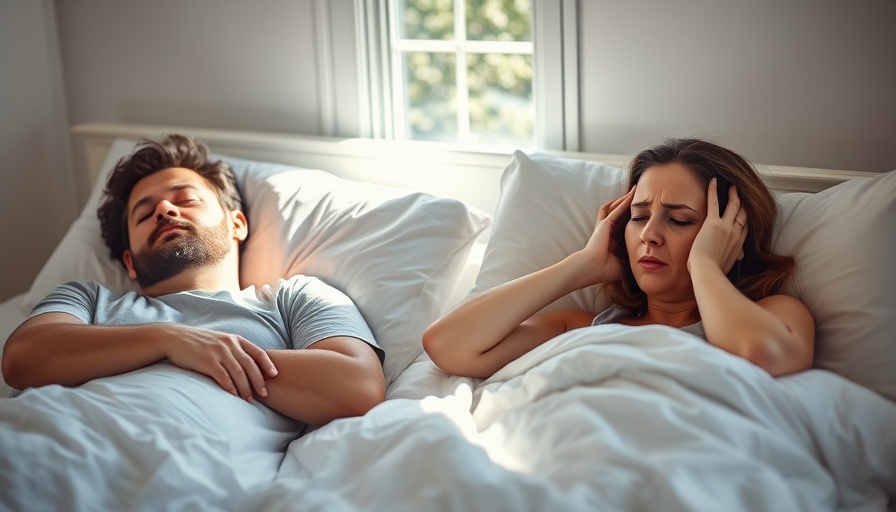 Sleep apnea impact on couple in bed, highlighting heart disease risk.