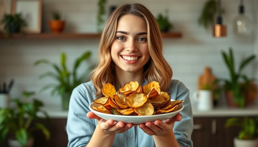 Young woman presenting low carb snack: pickle chips in kitchen.