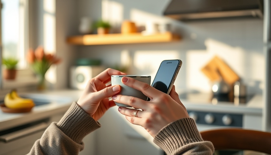 Hands holding coffee and phone during breakfast, Carbs vs Protein for Breakfast discussion.